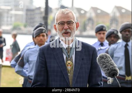 City Hall, London, UK. June 19 2023. Speaker Andrew Boff AM at the Armed Forces Day flag raising ceremony, ahead of National Armed Forces Day, City Hall, Kamal Chunchie Way, London, UK. Credit: See Li/Picture Capital/Alamy Live News Stock Photo