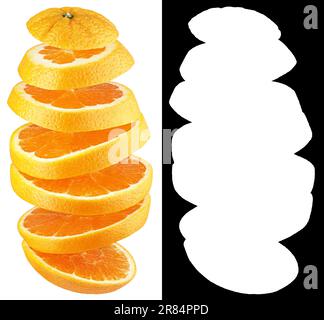 Sliced orange citrus fruit isolated on white background. Orange slices with clipping mask (alpha channel) for quick isolation. Full depth of field. Stock Photo