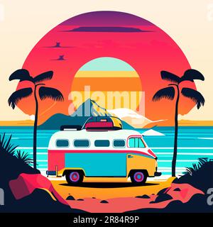 adventure camper van - motor home isolated vector, good for t shirt, mock up and logo design Stock Vector