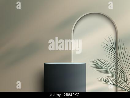 3D realistic empty black and gray podium platform stand decoration with green palm leaf on beige background natural lighting. Display for spa and beau Stock Vector