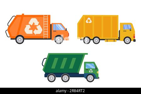 Set Of Recycle Trucks. Orange, Yellow, Green Lorries. Vector Illustration In Flat Style Stock Vector