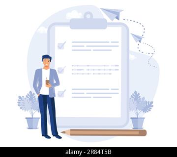 Concept of time management, checklist, business tasks, business man with checklist marked on paper on the clipboard, flat vector modern illustration Stock Vector