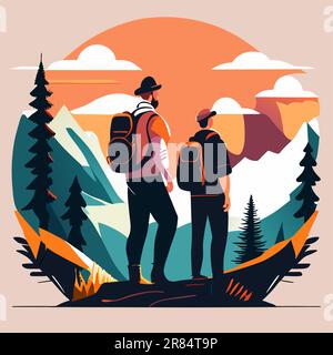 Two tourists with backpacks standing in mountain landscape with forest, under blue sky with clouds and flying birds Stock Vector