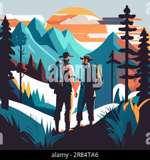 Two tourists with backpacks standing in mountain landscape with forest, under blue sky with clouds and flying birds Stock Vector