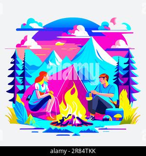 illustration of Man and woman traveling in mountains and forest with backpacks Stock Vector