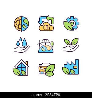 Ecology protection program pixel perfect RGB color icons set Stock Vector