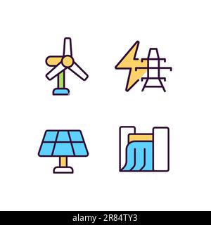 Clean power generation technology pixel perfect RGB color icons set Stock Vector
