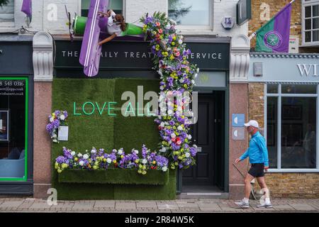 London UK. 19 June 2023 A shop  in Wimbledon village is decorated with a tennis theme Love All  in tribute to the WImbledon championships which starts in two weeks on 3 July. Credit: amer ghazzal/Alamy Live News Stock Photo