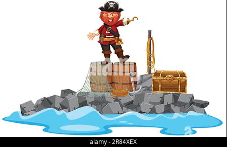 Pirate standing on barrel on isolated island illustration Stock Vector