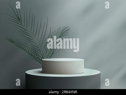 3D realistic empty black and white podium platform stand decoration with green palm leaf on gray background natural lighting. Display for spa and beau Stock Vector