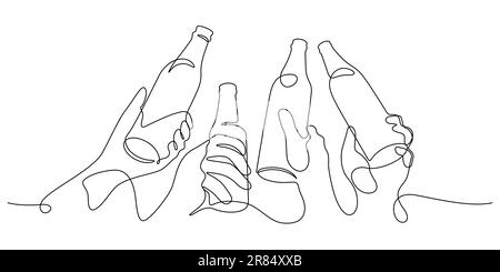 beer clinking toasting with bottles in celebration party one line drawing happiness cheerful concept Stock Vector