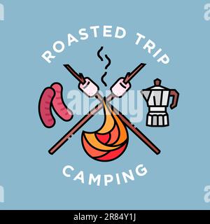 roasted camping trip poster colored line design vector illustration. bonfire,barbecue sausage,marshmallow and drip coffee Stock Vector