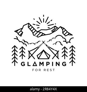 glamorous camping vintage monoline vector illustration concept for travel,tourism,logo,glamping vacation Stock Vector
