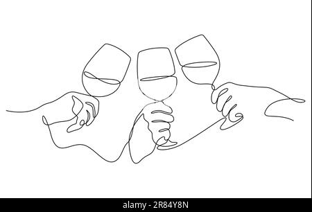 hands holding wine or champagne glasses celebratory toast clinking with friends in one line drawing vector illustration Stock Vector