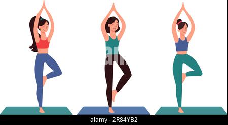 Vector set of girls who do yoga. During quarantine, people play sports at home, in safety. Workout at home, female fitness, performing asanas. Flat.style isolated on white Stock Vector