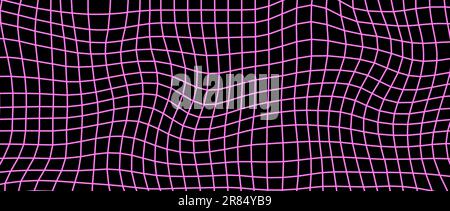 Distorted pink wireframe background. Abstract wavy checkerboard wallpaper. Warped and curved grid surface pattern. Geometric texture with optical illusion effect. Vector illustration Stock Vector