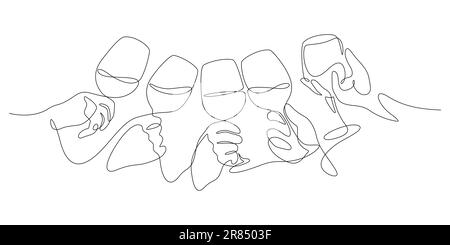 wine clinking celebratory toast concept hands holding and wine glasses in one line drawing vector illustration Stock Vector