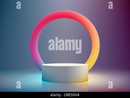 3D realistic empty white podium stand with circle colorful backdrop on blue and purple gradient background. Product display for beauty cosmetic advert Stock Vector
