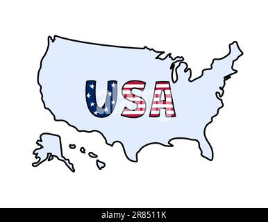 USA map contours doodle. Vector illustration. United States of America country. Hand drawn georpaphic borders with Alaska and Hawaii, text USA Stock Vector