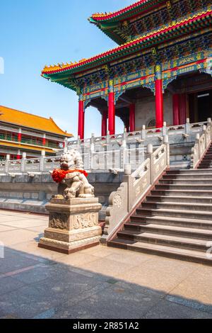 Stone guardian lion statue stands near a grand stone staircase leading to a vibrant traditional Chinese temple under clear blue sky Stock Photo