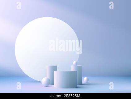 3D realistic modern style empty blue podium stand with white circle backdrop and geometric elements on blue background and natural lighting. Use for b Stock Vector