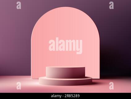3D realistic empty pink podium platform stand with geometric rounded backdrop on minimal wall scene purple background and natural light modern style. Stock Vector