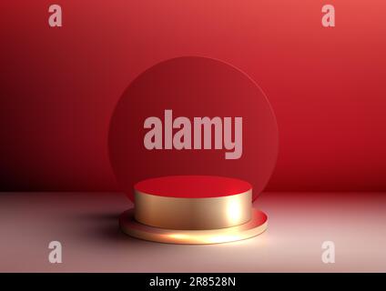3D realistic empty red and gold podium platform with circle backdrop on red background and natural lighting modern luxury style . Use for beauty cosme Stock Vector