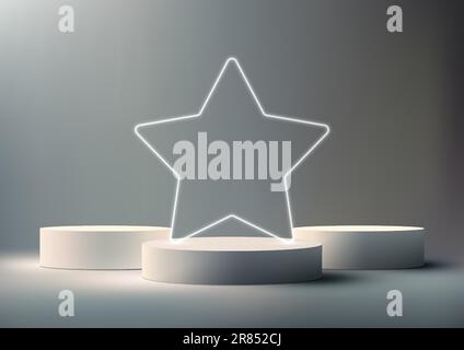 3D realistic empty white winner podium stand with neon star on gray background business success. Product display for beauty cosmetic advertising, mock Stock Vector