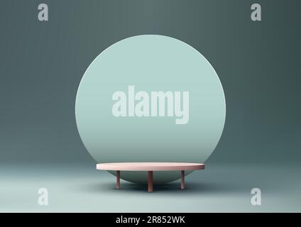 3D realistic brown podium platform stand or table with circle backdrop on green background modern style. Use for beauty cosmetic presentation, showcas Stock Vector