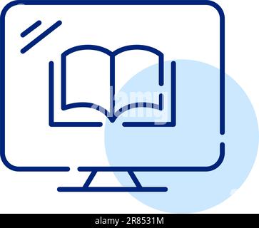 Electronic book on a desktop computer. Digital library for downloading books for learning or reading. Pixel perfect icon Stock Vector