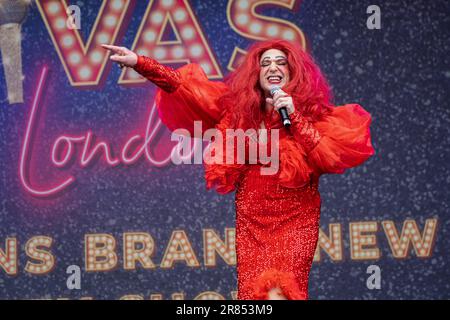 London, UK. 17th June, 2023. The cast member of Divas London, Simon Gross seen performing on stage. West End LIVE, an annual free celebration of London's top musical theatre performances, is set to take place in Trafalgar Square. Credit: SOPA Images Limited/Alamy Live News Stock Photo