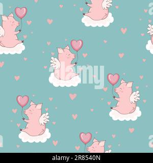 Seamless pattern with cute cupid pigs on the clouds. Valentine day vector illustration. Stock Vector