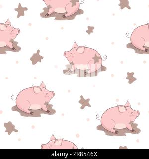 Seamless pattern with cute pigs in mud. Stock Vector