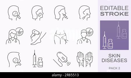 Skin diseases icons, such as eczema, psoriasis, sunburn, rosacea, and more. Editable stroke. Stock Vector