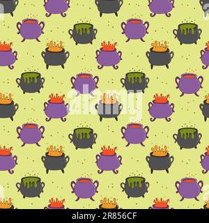 Halloween witches cauldron with poison potion seamless pattern. Trick or treat concept. Flat vector illustration in hand drawn style. Stock Vector