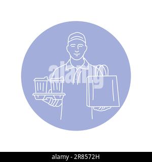 Courier with drinks and food black line icon. Food delivery service. Pictogram for web page, mobile app, promo. Stock Vector