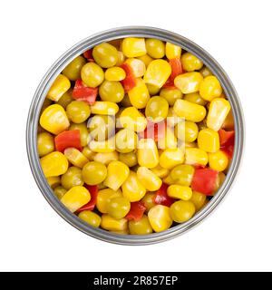 Canned mix of corn, green peas and diced red bell pepper, in an open can, from above. Ready to eat Mexican maize mix, as a side dish to a barbecue. Stock Photo