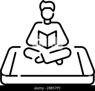 Boy sitting in comfortable clothes reading a book. Digital library app for smartphone. Pixel perfect, editable stroke Stock Vector