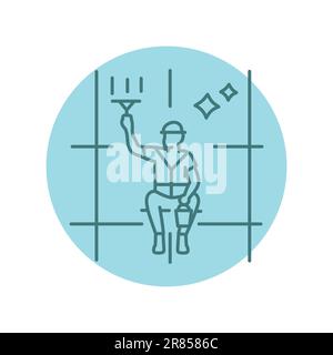 Worker washes the windows of modern skyscraper black line icon. Cleaning company. Pictogram for web page, mobile app, promo. Stock Vector