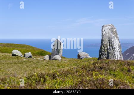 The Druid's Circle, or Meini Hirion in Welsh, above the village of Penmaenmawr, Gwynedd, Wales, UK. Stock Photo
