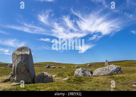 The Druid's Circle, or Meini Hirion in Welsh, above the village of Penmaenmawr, Gwynedd, Wales, UK. Stock Photo