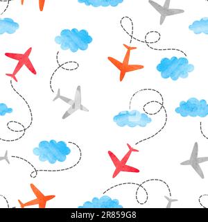 Seamless kid pattern with watercolor planes and clouds. Stock Vector