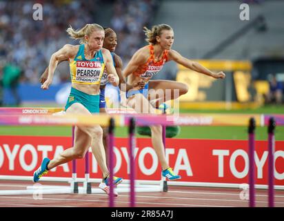 Sally Pearson winning in the 100 m hurdles at the World Athletics Championships London 2017. Stock Photo