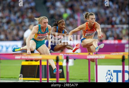 Sally Pearson winning in the 100 m hurdles at the World Athletics Championships London 2017. Stock Photo