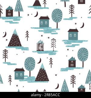 Seamless scandinavian pattern with hand drawn houses, mountains and trees. Stock Vector