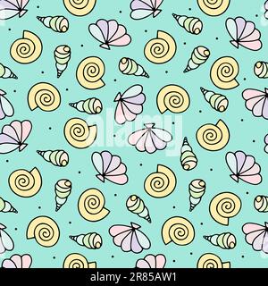 Seashells seamless vector drawing pattern. Cartoon pastel sea snails on blue background. Doodle Random shells aquatic Illustration for wallpaper, wrap Stock Vector