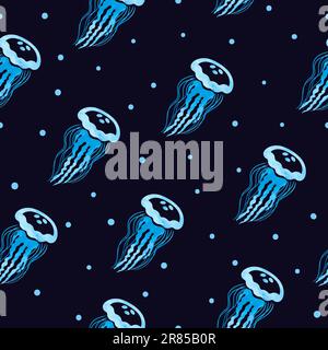 Seamless sea pattern with blue watercolor jellyfish on dark background. Stock Vector