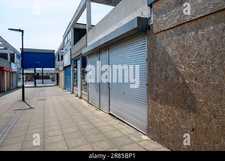 Run down and boarded up shopping precinct prior to being rejuvenated in an English town centre. Stock Photo