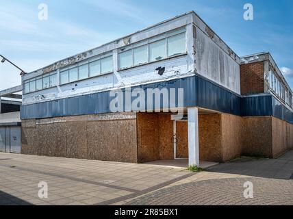 Run down and boarded up shopping precinct prior to being rejuvenated in an English town centre. Stock Photo