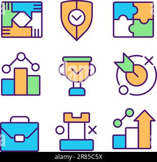 Business development and cooperation pixel perfect RGB color icons set Stock Vector